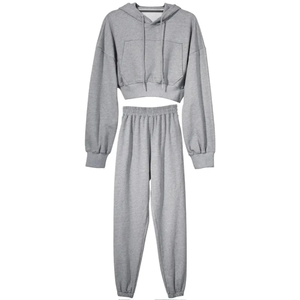<b>Women's</b> Blue Fleece Hooded Crop Top & Jogger Set Casual Loose Fit All Seasons Sportswear Two <b>Piece</b> <b>Outfit</b> Solid Color - Product Image 3