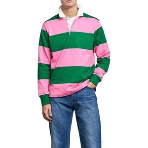 เสื้อโปโลแขนยาวผู้ชาย ลายทางสีชมพูเขียว สไตล์ลำลอง ดีไซน์สีตัดต่อ - Product Image 1
