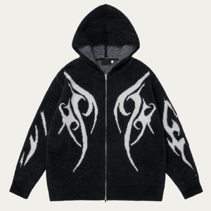 Custom Men Mohair Zip Hoodie Sweater Fuzzy Fluffy Knit Cardigan Oversized Jacquard Winter Hoodie Jacket - Product Image 1