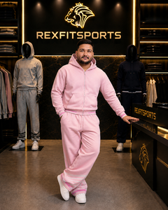 REXFITSPORTS Men <b>Pink</b> Zip-Up <b>Hoodie</b> Tracksuit Oversized Casual Streetwear Full Length Sweatpants Set Solid Color Loose Fit - Product Image 5