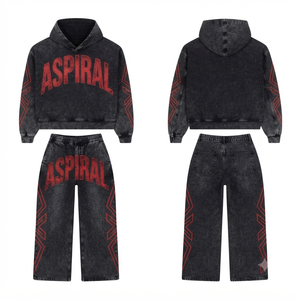 Ensemble de survêtement en molleton de coton noir délavé vintage, coupe oversize, personnalisé OEM - Product Image 1