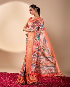Sari en lin et coton à imprimé floral rose, imprimé numérique, robe moderne pour femme, pour mariage, fête, tenue décontractée - Product Image 3