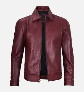 Veste en cuir de mouton véritable de qualité supérieure pour hommes, rouge vin, coupe ajustée, style motard, décontractée, classique, avec fermeture éclair - Product Image 3