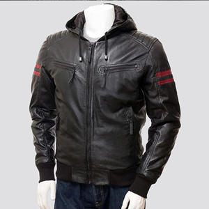 Chaqueta Bomber de Cuero Negra para Hombre con Capucha, Franjas Rojas de Carreras, Chaqueta Casual de Piel de Oveja Suave con Capucha, Corte Ajustado, Ropa Deportiva - Product Image 1