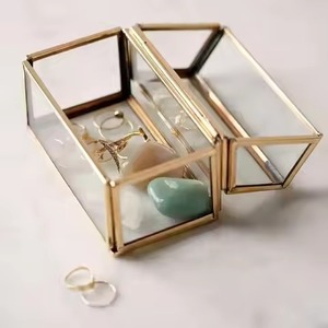 Crystal Jewelry Box with Gold Trim Round <b>Storage</b> Case for Rings Earrings Necklace Vanity <b>Dressing</b> <b>Table</b> Organizer - Product Image 2