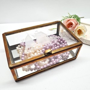 glass jewelry box 3 compartment gold brass frame hinged lid trinket holder keepsake display <b>ring</b> earring <b>storage</b> mirrored bottom - Product Image 1