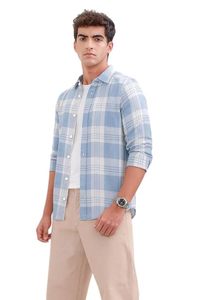 Camisa Casual de Hombre, Azul Claro, con Estampado Digital a Cuadros, Manga Larga, Cuello Clásico, Tela Popelina Transpirable, con un Solo Botón, para Verano - Product Image 1