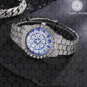 Montre de luxe pour homme Charm Jewells en acier inoxydable, cadran bleu, bracelet en cristal, analogique, mécanique, boîtier de 40 mm, date automatique, étanche 10 bars - Product Image 1