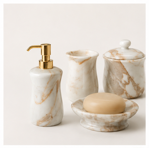 Natural White Marble Bathroom Accessory <b>Set</b> 4 Piece Handcrafted Modern <b>Set</b> with Gold Pump <b>Soap</b> Dispenser <b>Soap</b> Dish For Hotel - Product Image 4