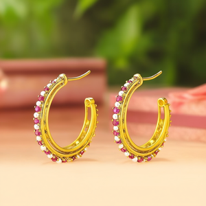 Matte Polish Hoop Earrings with Crystal Pearl Diamond & Ruby-Stainless Steel Alloy & Brass-Perfect for Wedding Party & Gift - Product Image 3