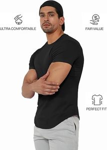 T-shirt noir à manches courtes pour homme, coupe ajustée, col rond, en jersey de coton, décontracté, uni, respirant, longueur standard - Product Image 5