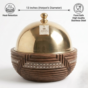 Servidor de Comida Majlis Tallado a Mano en Madera Dura con Tapa de Acero Pulido, Marquetería Geométrica de Perlas, Moderno, Recubierto de Esmalte y Aislado - Product Image 4