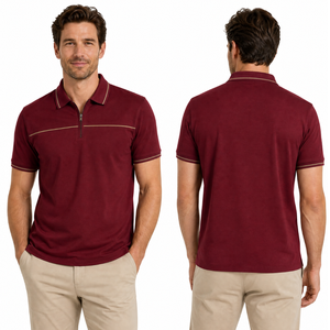 Polo pour homme de haute qualité, couleur bordeaux, avec fermeture éclair, passepoil crème, anti-humidité, style streetwear - Product Image 4
