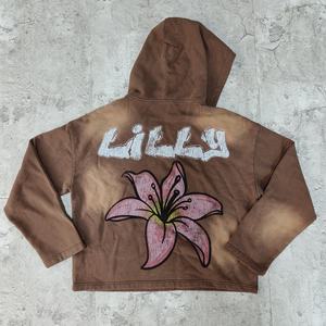 Sweat-shirt à capuche vintage marron délavé pour homme, imprimé floral lys, dégradé de couleurs, style streetwear - Product Image 2