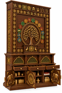 Mandir en bois de teck Vedic Tree Kalpavriksha, unité de temple en bois sculpté lourdement, pour la maison, finition noyer foncé, armoire de prière, en vente au Royaume-Uni - Product Image 2