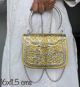 Handmade Metal Evening <b>Bag</b> With Floral Filigree Design Ring Handle Flap Closure Elegant Half Moon Shape Party Clutch - Product Image 6