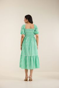 Green Striped Puff Sleeve Midi <b>Dress</b> Square Neck A-Line Cotton Casual Summer <b>Dress</b> Breathable Layered Hem Women's Daily Wear - Product Image 5