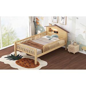 Letto a piattaforma in legno per bambini, misura Twin, con testiera a LED a forma di casetta e contenitore integrato, colore naturale - Product Image 6