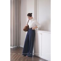 Pantalones Anchos y Holgados para Mujer, Transpirables, Color Azul Oscuro, Cintura Media, Corte Recto, Primavera, Estilo Casual, Venta al Por Mayor en Vietnam