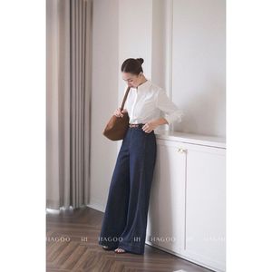 Q741 Women Loose Wide Leg Breathable Trousers Dark Blue Mid Waist Straight <b>Pants</b> Spring Solid Casual Vietnam Wholesale - Product Image 3