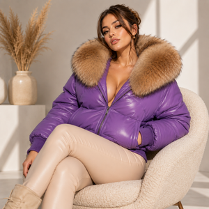 Veste matelassée en cuir véritable pour femme avec capuche en fourrure de renard, fermeture éclair à carreaux, vêtements d'extérieur chauds pour l'hiver - Manteaux de luxe S-XXL - Product Image 2
