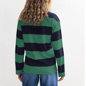 Polo rayé à manches longues pour femme, vert marine, en coton, décontracté, manches trois quarts, coupe classique - Product Image 2