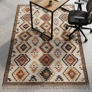 Alfombra Moderna de Yute Hecha a Mano con Diseño Geométrico, Color Crema Marrón Multicolor, Patrón Tribal, Borde Decorativo con Flecos, Antideslizante - Product Image 5