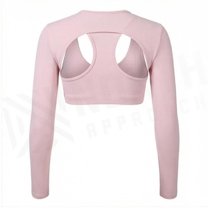 <b>Pink</b> Long Sleeve <b>Crop</b> <b>Top</b> Racerback Scoop Neck Seamless Solid Yoga Wear Women's Sportswear - Product Image 2