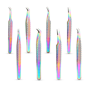 Pince à épiler pour extensions de cils Diamond Grip Dusted Tip Rainbow Color, 90 degrés, acier inoxydable japonais, prix de gros - Product Image 2