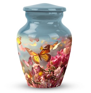 Urne funéraire pour cendres d'adultes avec motif de papillon bleu et de fleurs, urne commémorative classique avec couvercle et sac en velours gratuit - Product Image 1