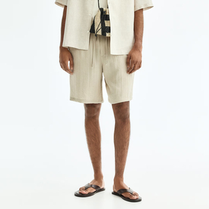 Shorts en lin beige pour homme, taille mi-haute, cordon de serrage, tissu tissé décontracté, style été - Product Image 2