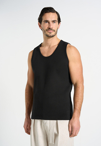 เสื้อกล้ามคอกลมถักสีดำสำหรับผู้ชาย เสื้อแขนกุดแบบลำลองสีพื้น - Product Image 4