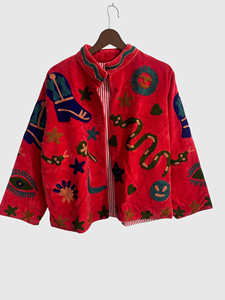 Red Velvet Embroidered Jacket Full Sleeve Mandarin Collar Boxy Fit Plus Size Women'<b>s</b> Winter Coat Hand Embroidery Pattern - Product Image 1
