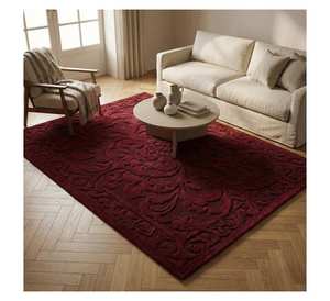 Alfombra de Salón de Pelo Alto y Bajo Texturizada, Lujo en Borgoña Intenso, Hecha a Mano, 100% Lana, Diseño Floral Esculpido en 3D - Product Image 2