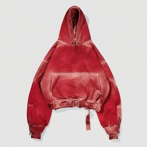 Oversized Cropped <b>Hoodie</b> <b>Red</b> Dip Dye Fleece Unisex Autumn Sweatshirt With Belt And Pocket - Product Image 1