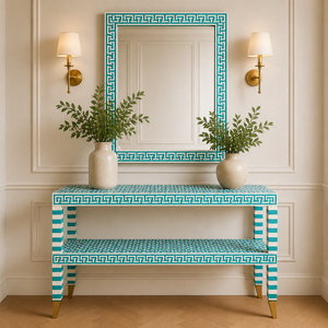Console moderne en os incrusté avec cadre de miroir et étagère, meuble d'entrée de luxe pour couloir, meuble d'appoint pour salon et décoration intérieure - Product Image 2