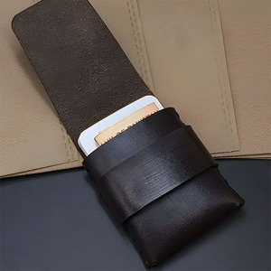 <b>Hand</b> Stitched Dark Brown Leather Card Holder <b>Men</b> Stitching Wallet Minimalist Cash Pouch Strap Closure Compact Sleeve Pocket - Product Image 2