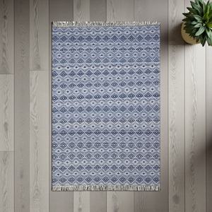 Alfombra Kilim de Lana Hecha a Mano, Tejido Plano, Azul Grisáceo, Patrón Geométrico de Diamantes, Alfombra Tribal Moderna, Ecológica - Product Image 6