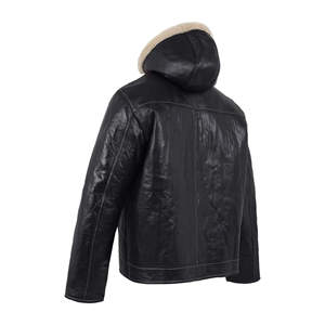 Chaqueta de Cuero Negra para Hombre con Cuello de Piel Crema, Abrigo de Invierno de Piel de Oveja Genuina, Forro Polar Cálido, Estilo Biker - Product Image 3