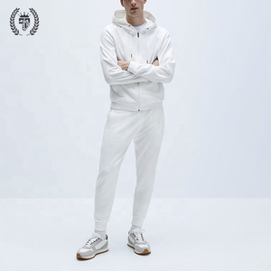 Men's White Hooded Tracksuit Set Full Length Zipper Closure Side Pockets Casual Style Breathable Polyester Lightweight - Product Image 1