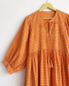 Orange <b>Plaid</b> Maxi <b>Dress</b> With Puff Sleeves Turn-Down Collar Loose Fit Tiered Hem Casual Summer Style 100% Cotton Woven Fabric - Product Image 4