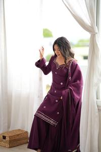 Pryosha Enterprise <b>Women</b> Eggplant Purple Bell Sleeve <b>Kurta</b> Mirror Embroidered Border Sharara Suit - Product Image 5