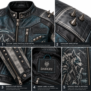 Custom Mens Genuine Leather Jacket Blue Grey Distressed Wolf Graphic Printed Spiked <b>Studded</b> Biker Moto Outerwear Coat Factory - Product Image 6