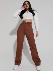 New Hot Selling das Mulheres <span class=keywords><strong>Jeans</strong></span> Versátil Multi Bolso Straight Fit Flare Calças de Cintura Alta Solta Casual Denim Calças Perna Larga - Product Image 2