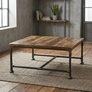Industrial Rustic Iron Wooden Coffee <b>Table</b> Reclaimed Wood Top Metal Frame Farmhouse Living Room Furniture <b>Vintage</b> Home Decor - Product Image 2