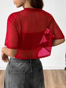 Wholesale Trendy Women Sheer Mesh Crop T Shirt Custom Logo Short Sleeve Summer Streetwear women's shirt Layering Top OEM Factory - Product Image 3
