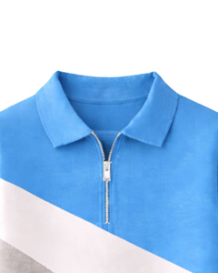 Pull décontracté pour homme en polyester tricoté, coupe droite, col rabattu, avec blocs de couleur bleus et fermeture éclair quart de tour, idéal pour l'automne - Product Image 5