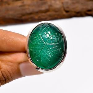 Bague en argent sterling avec onyx vert sculpté à la main, pierre précieuse ovale, bijoux bohèmes faits à la main, bague statement pour homme et femme - Product Image 2