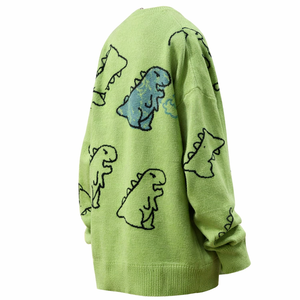 Pull en tricot vert à motif de dinosaure de dessin animé pour homme, manches régulières, broderie dessinée à la main, sweat-shirt pour l'automne - Product Image 3