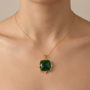 Collar con colgante de piedras preciosas naturales de apatita azul, rubí verde y jade en forma de cojín para mujer, chapado en oro de 18k, alta calidad, más vendido. - Product Image 3